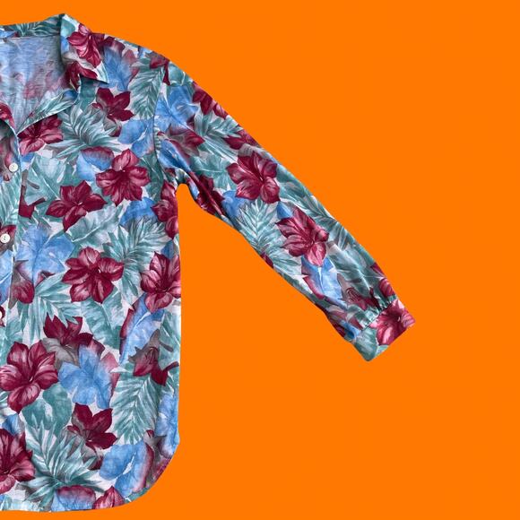 90's vintage earthy tropical print collared button up blouse MEDIUM - Picture 4 of 6